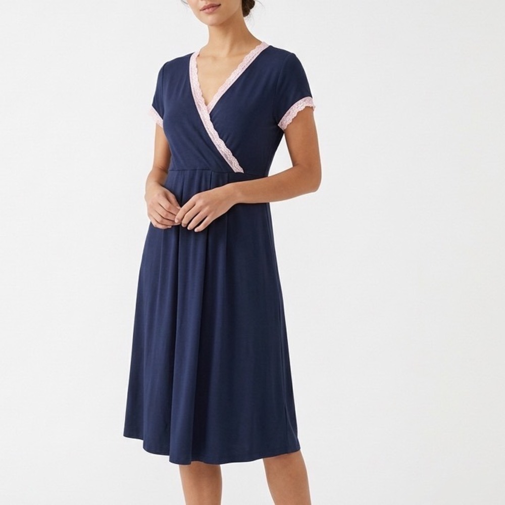 Kimi+Kai Nightgown Dress Womens M Navy Stretch Pleated Lace Trim Short Sleeve - Picture 1 of 8